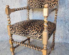 Antique Old Wood Barley Twist Arm Chair with Leopard Spot Fabric
