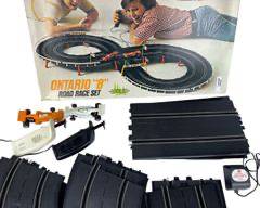 Vintage COX SLOT CAR Super Scale Ontarioa 8 Road Race Set w/Track, Safety Rails, Two Slot Cars, Two Controllers, Power Cord and More
