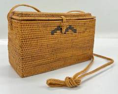Vintage Woven Rattan Natural Basket Bag with Small Dark Brown Detail, Crossbody/Shoulder Strap
