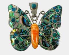 950 Sterling Silver MOP Turquoise & Spiny Oyster Figural Butterfly Pendant
