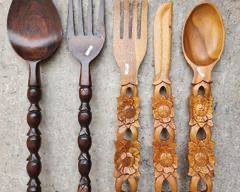 40" High Vintage Carved Spoon & Fork Lot

