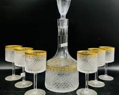 Fine Bayel Palais Crystal Water Goblets and Decanter Gilt Painted Moser Style
