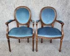 Pair Antique French Armchairs Blue Velvet Upholstery Brass Tack Trim Hand Carved
