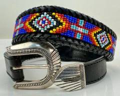 VINTAGE 90s Southwest Beaded Leather Belt with Braiding and Silver-tone Hardware. Sz 28
