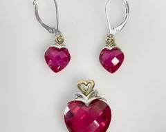 Fine 14K Gold & Sterling Silver Synthetic Ruby Love Heart & Diamond Pendant W/ Matching Pierced Dangle Earrings
