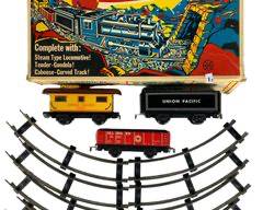 Vintage MARX 1970 Mechanical Train Set Including Rails, Coal Tender Car, Caboose and Seaboard Railroad Freight Car
