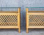 Pair MCM Glass & Bamboo Rattan Side Tables
