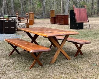 Wormy Chestnut (Nearly Extinct)  Trestle Dining Table with Benches