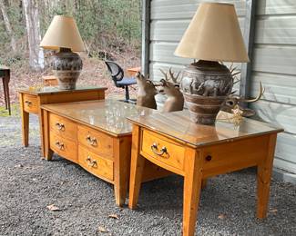 Pine Coffee Table & End Tables Set w/ Glass