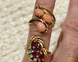14k gold coral ring & 14k gold garnet ring