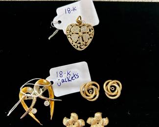 Gold earring jackets, gold/diamond heart pendant