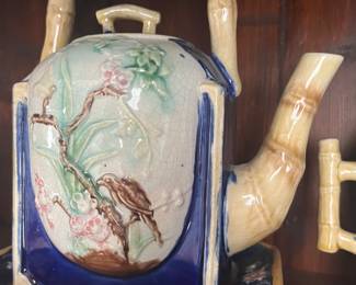 Old old flat-sided majolica bamboo handles teapot in a large size