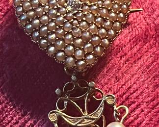 Amazing 14K seed pearl heart pendant or brooch with center rose cut diamond…France 1800-1820