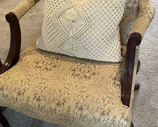 Gorgeous dark walnut French armchairs with gold cut velvet upholstery 