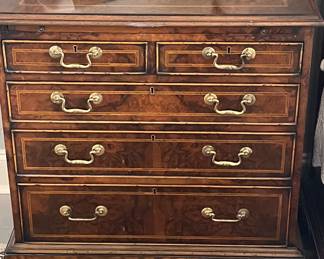 Amazing late 1800s burled walnut bachelors chest with orginal stamped brass hardware and fine marquetry detail two over three design