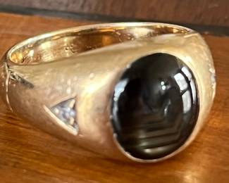 Black cats eye and 14k diamond ring