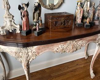 Hand painted walnut console that converts to a full size oval dining table circa 1890