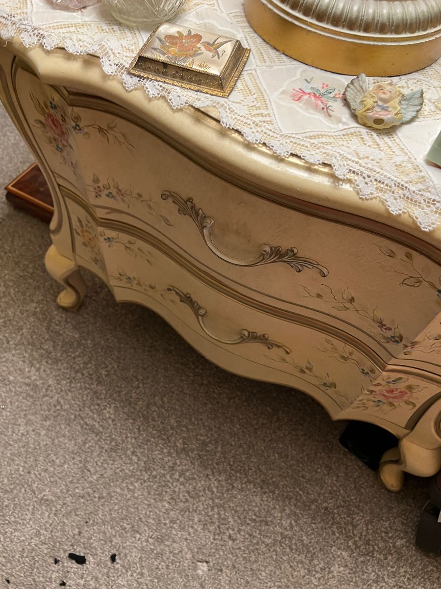 FRONT OF NIGHTSTAND, CUSTOM FABRIC LINED, CUSTOM PAINTED