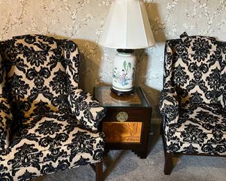 PAIR OF WINGBACK CHAIRS, ASIAN STORAGE TABLE, LAMP- table is sold