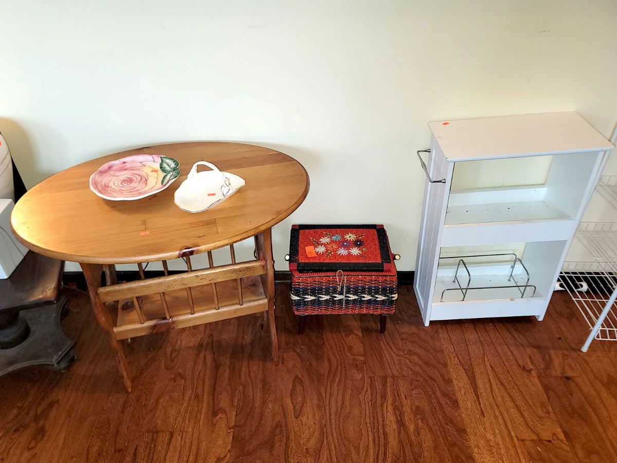 Side table/magazine rack. Vintage sewing box. Anything rack