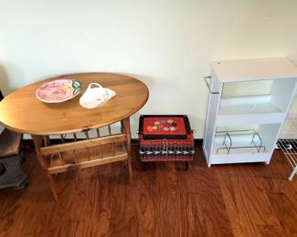 Side table/magazine rack. Vintage sewing box. Anything rack