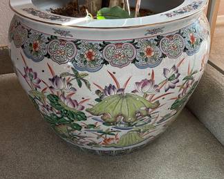 Chinese fish bowl MASSIVE 
beautiful  ( used as planter for faux ficus ) 