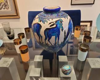 Large Spectacular Art Deco Ceramic Vase by Charles Catteau; set of Deco Gold Rim Frosted Glasses by Dorothy Thorpe