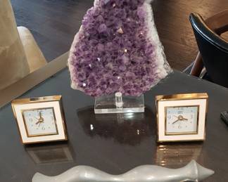 Amethyst Geo; Two Desk Clocks from Gump's, and a squirrel darting past ...