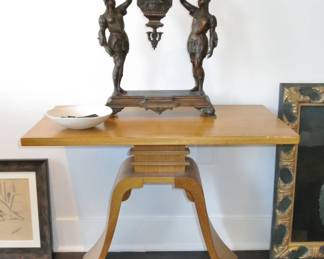 Paul Frankle Side Table with a Large Seth Thomas Late Victorian American Spelter Figural Chiming Mantel Clock