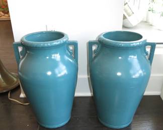 Pair of Large Deco Sea Foam Handled Vases 