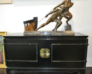 Mid-Century Asian Influence Black Lacquer Cabinet; Art Deco "Men At Work"