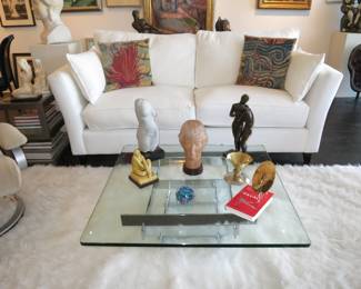Mid Century Modern Chrome & Glass Coffee Table by Paul Mayan for Habitat on a white shag rug