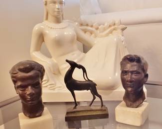 Deco Bronze Antelope by Simon Moselsio, listed, 1928; Pair of Miniature Bronze Busts; Deco Recling Ceramic Woman by Jacques Schnier