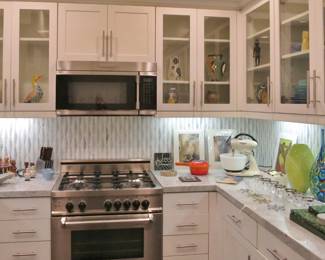 Deco Vases in the Kitchen!  Note Brand New Le Crouset Lidded Pot. (Appliances Not For Sale)