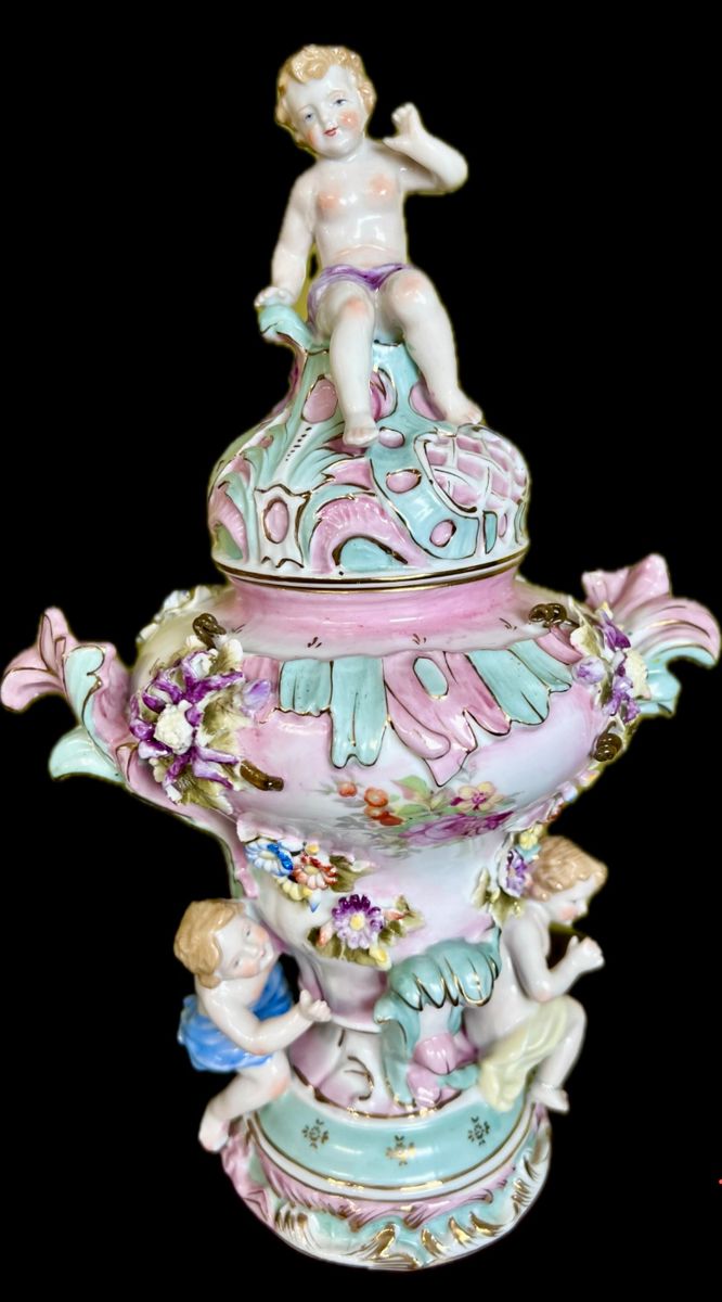 Antique Meissen Urn with Cherubs and Flowers = measures 12 inches tall