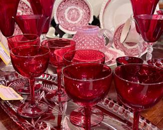 Red Cut to Clear Crystal Oval Tray with Red Glass Wine Glasses