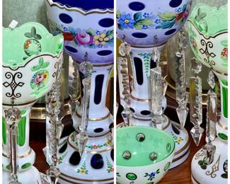 Pair of White Cut to Blue Lusters, Pair of White Cut to Green Lusters