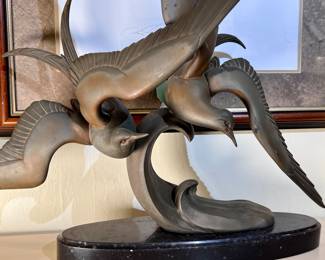 French Art Deco "Seagulls in Flight" Bronze with Black Marble Base - signed Irenee Rochard