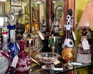 Collection of Vintage Decanters, Etched Brandy Snifter, Moser Cabochan Glass w/Green Paneling