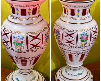 Pair of Moser White Cut to Cranberry Vases