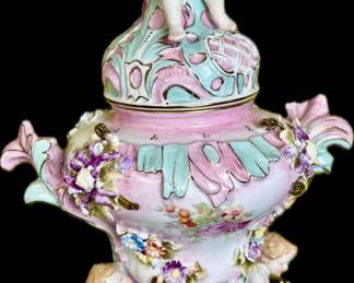 Antique Meissen Urn with Cherubs and Flowers = measures 12 inches tall
