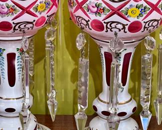 Pair of Moser White Cut to Cranberry Lusters