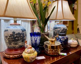 Blue/White Ginger Jar Asian Inspired Lamps, 2 Herend Trinket Bowls with Lids, Blue cut to Clear Vase