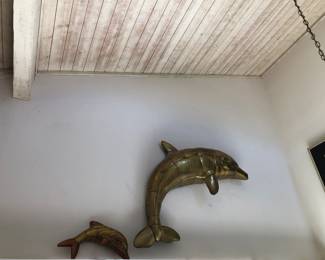 Sergio Bustamonte two piece brass dolphin and baby wall sculpture-large
