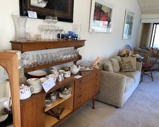 Waterford crystal, glass sets, China. (MID CENTURY SIDEBOARD NOT AVAILABLE)