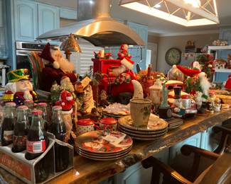 lots of Christmas items moving Santa and Elf playing Piano -Animated Santa in chair with dog and tiffany lamp, Christmas dishes, Lighted small Christmas tree, and much more.