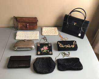Vintage Purses: Brown Leather Clutch $5. White Beaded Le Regale Ltd $5. Lambertson SOLD. White Beaded British Crown for Broadway Clutch $20. Silver Mesh SOLD. Tapestry on Silk SOLD. Hashimoto SOLD. Paul Brown Black Satin includes compact and Lipstick $40. Black Beaded Magid $20. Black Beaded $20