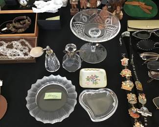 Waterford Compote $25. Waterford Atomizer $10. Antique Bottle SOLD. Herend Trinket Tray $15. Lalique Jamaique $50. Tiffany Lidded Heart $30