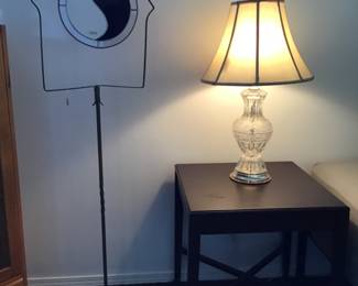 Vintage Bird Cage Holder SOLD. Yin/Yang Stained Glass $40. Vintage Square Table on Wheels $20. Vintage Crystal Lamp $25. 