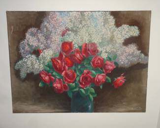 Paul Colin Roses $200. Needs cleaning.                  Measures 32"W x 24"H